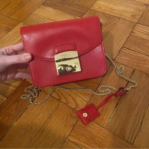 Furla classic red leather crossbody bag with gold chain and hardware